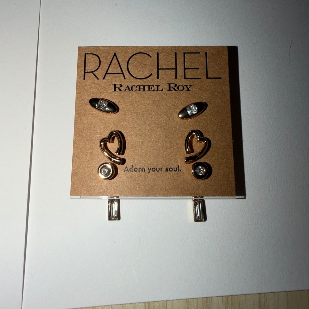 Rachel Rachel Roy Gold Tone Heart Stud Earrings Set with Rhinestones